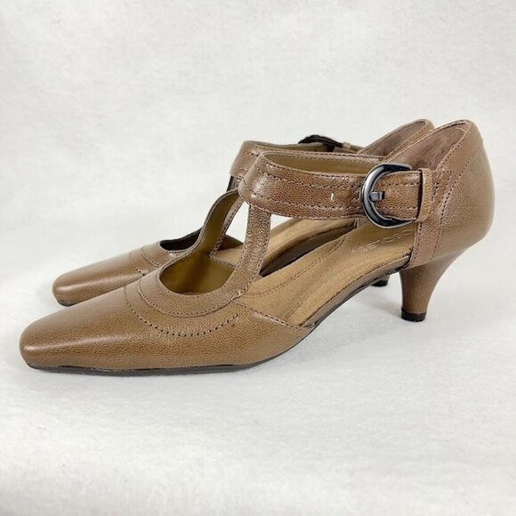 Aerosoles Leather Kitten Heels Ankle Strap Retro Grandma Tan 7.5 - Picture 3 of 8